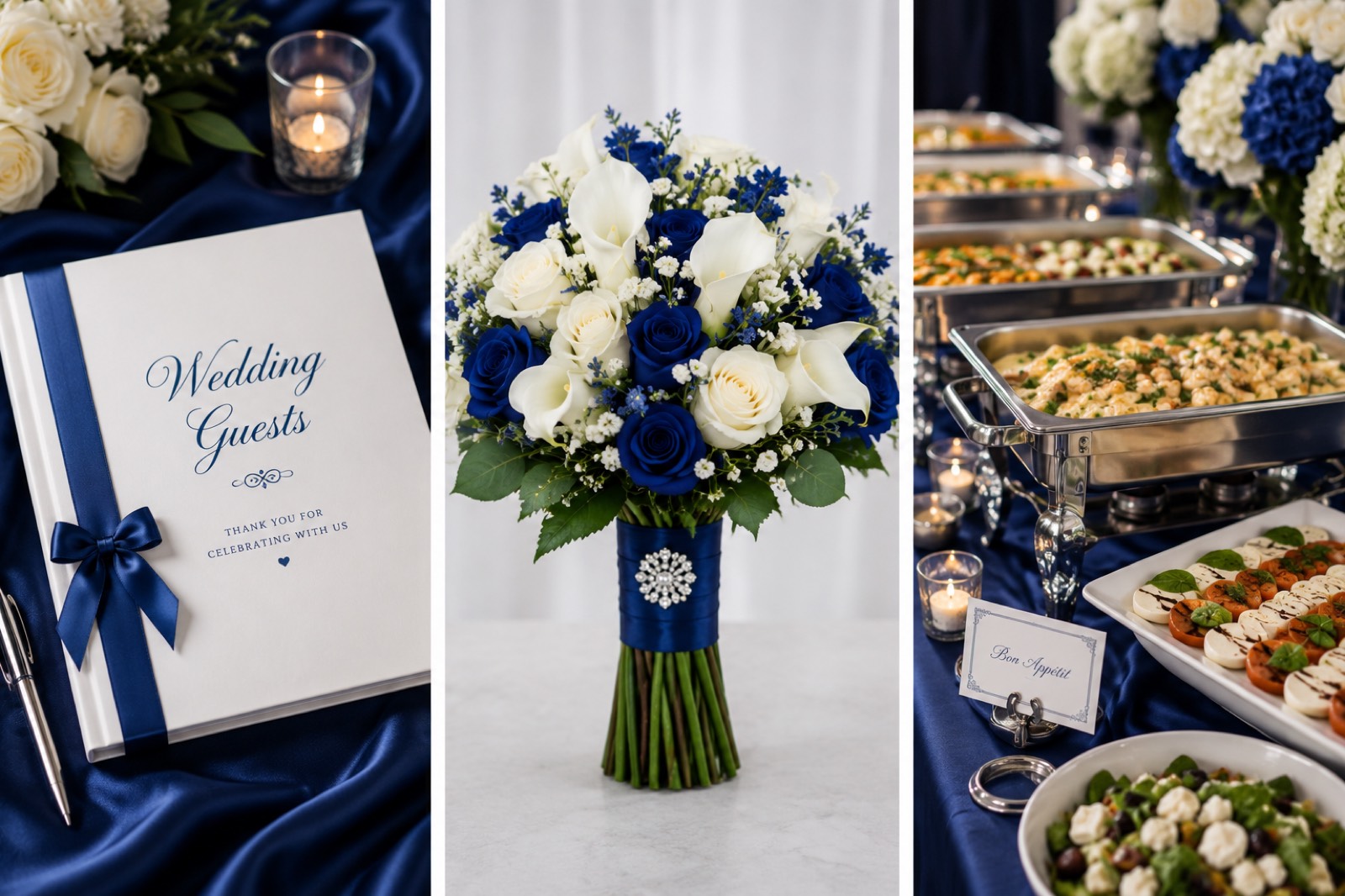 Navy-and-white wedding details: a 'Wedding Guests' guest book, a blue-and-white rose bouquet, and an elegant catered buffet.