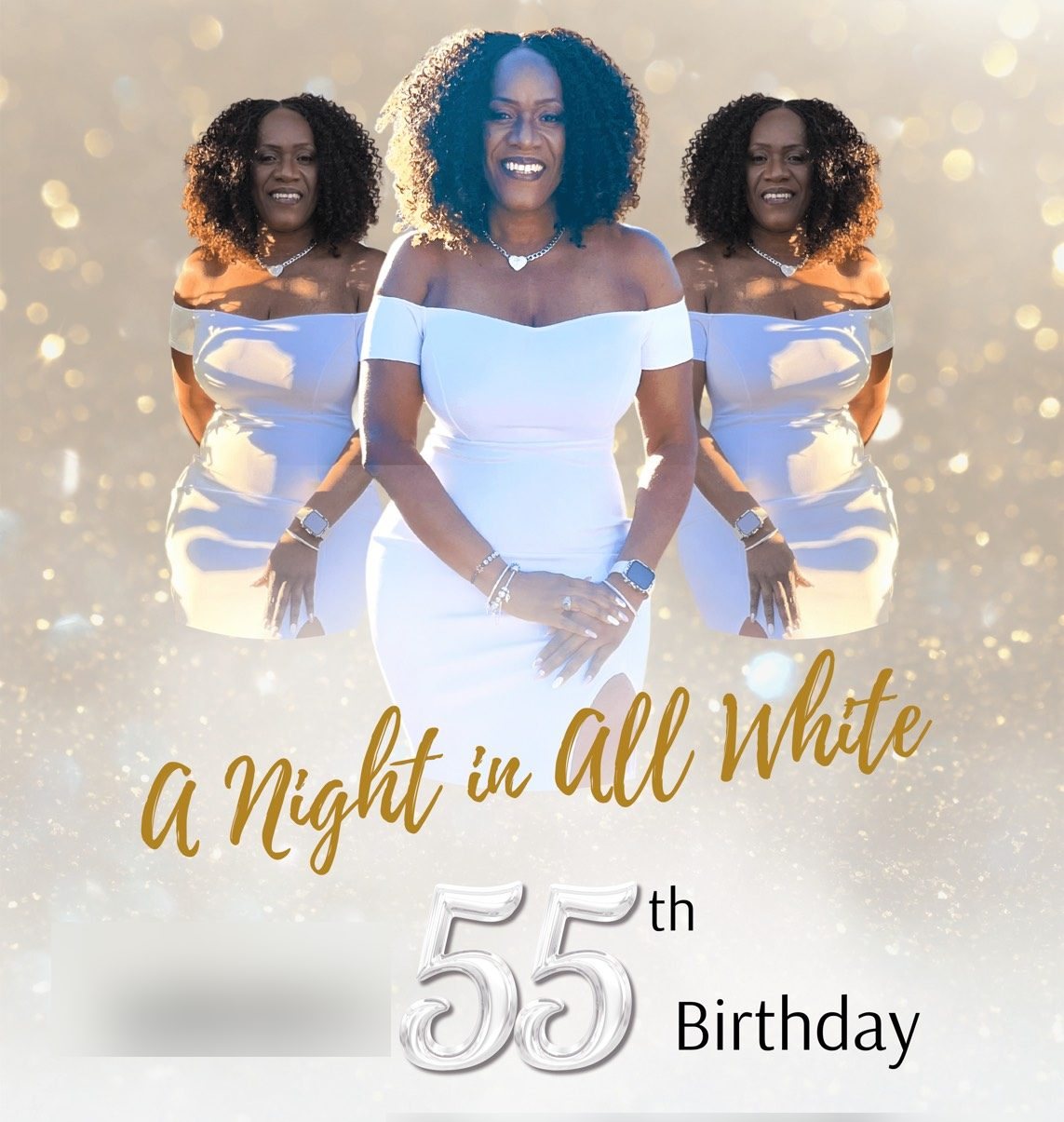 A gold-and-white invitation design for an all-white themed 55th birthday celebration.